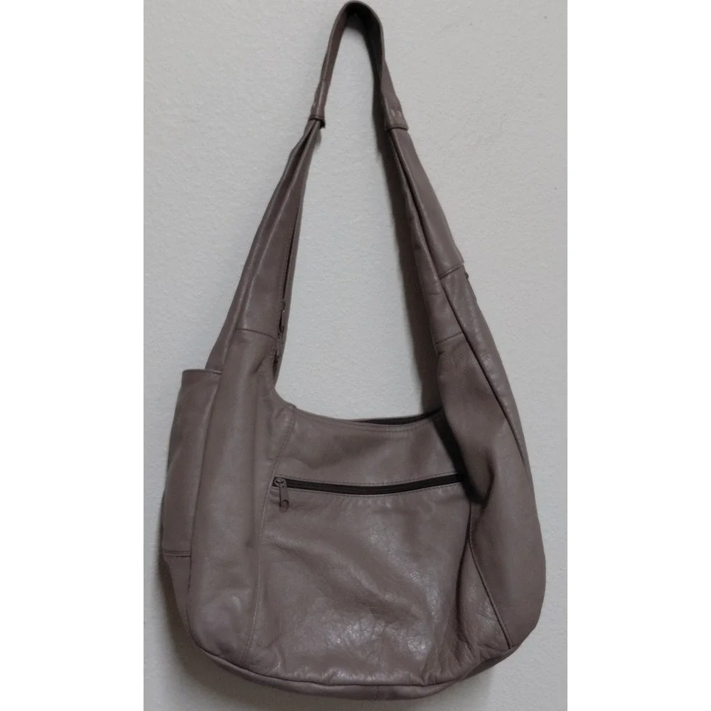 Vintage Genuine Leather Hobo Bag Taupe Gray Slouch Shoulder Purse Made in Mexico